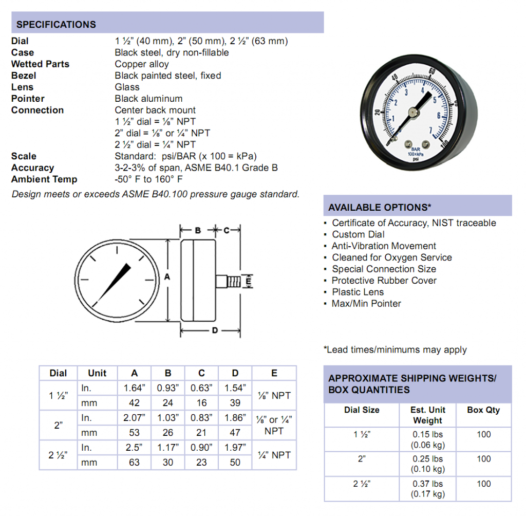 SE102D Utility Gauge Center Back Mount Cleveland InstrumentCIC